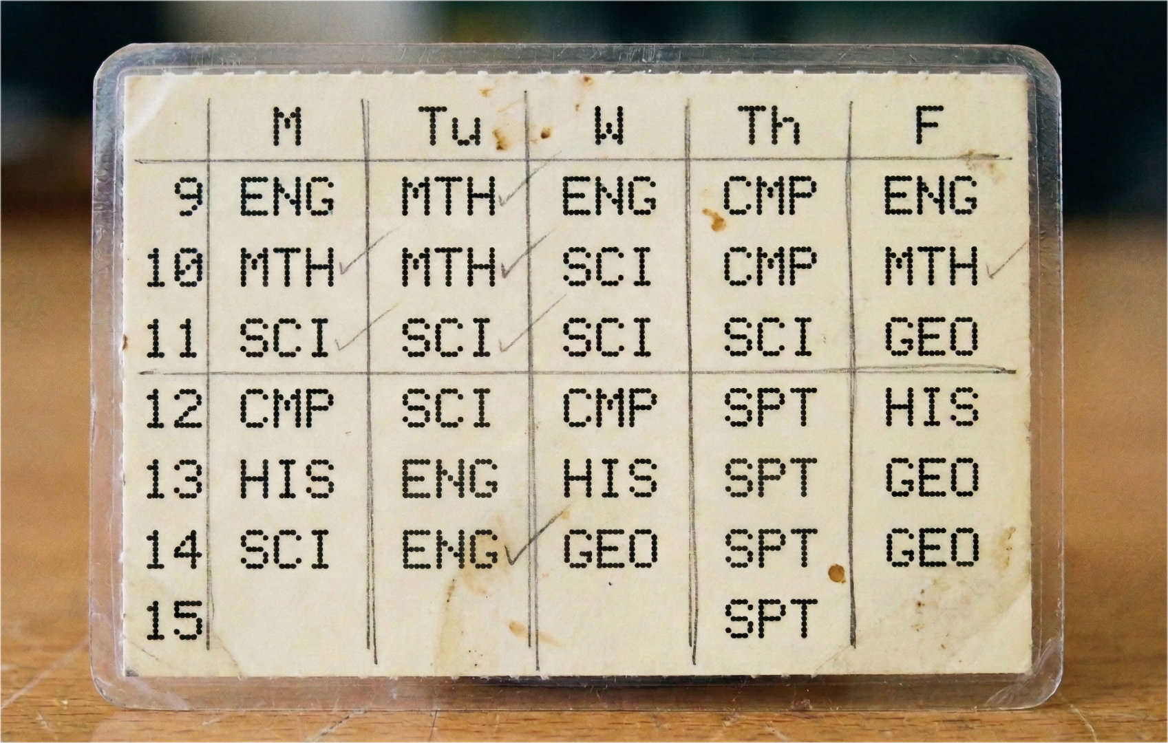 The pocket timetable I carried in high school