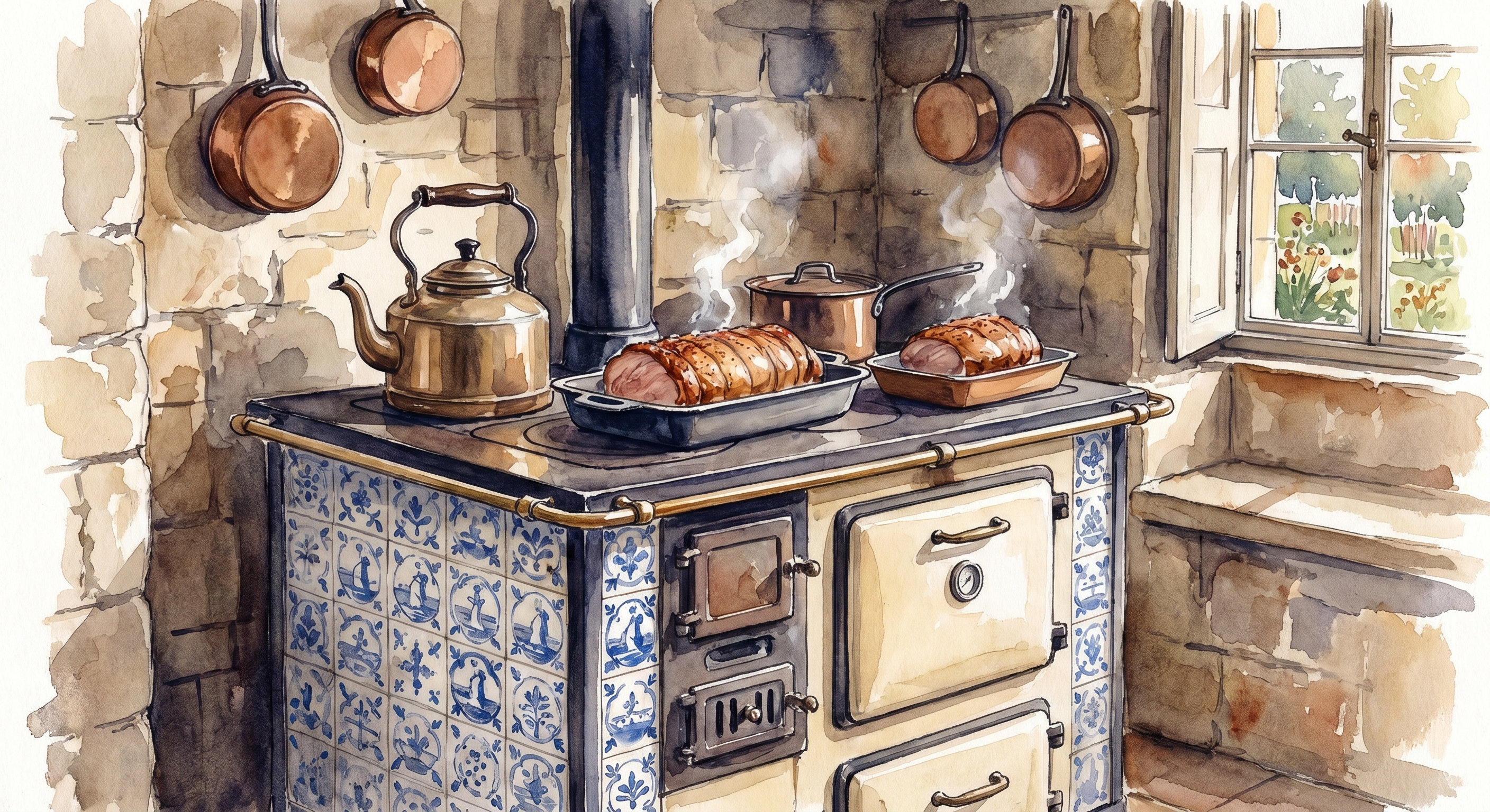A Sunday pork roast with one end neatly sliced off, sitting beside a small vintage oven